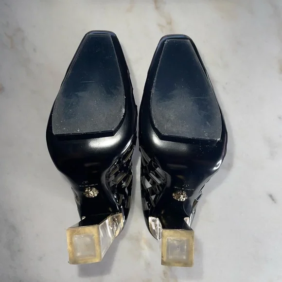 Versace Black Patent Leather Plexiglass PVC Platform Cutout Caged Boots Moody - Picture 14 of 17